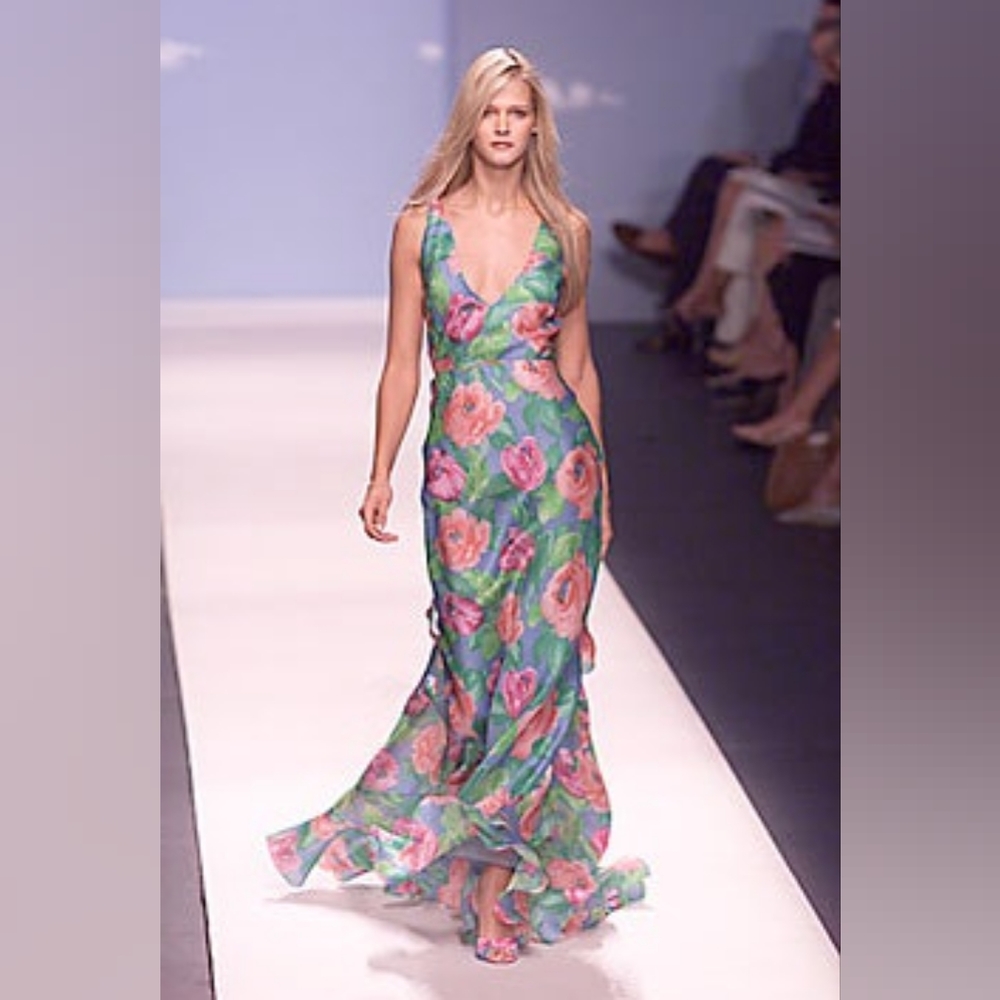 $6,400 NWT OSCAR DE LA RENTA GREEN FLORAL SILK RUNW GOWN 10